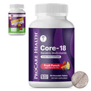 A purple and white bottle of ProCare Health Core-18 Bariatric Multivitamin, featuring "Fruit Punch" flavor and 18 mg of iron per serving, is shown alongside a smaller bottle of bariatric multivitamins.