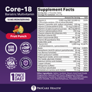 A colorful supplement facts label for Core-18 Bariatric Multivitamin, featuring a fruit punch flavor, lists vitamins and minerals along with their amounts and daily value percentages.