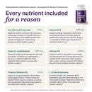 A product label for a prenatal bariatric multivitamin capsule displays essential nutrients like iron, vitamin B12, folate, and vitamin D3, highlighting their benefits for pregnancy after bariatric surgery.