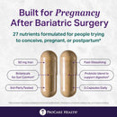 Two fast-dissolving capsules are shown, labeled with benefits like 60 mg of iron and probiotics, designed for individuals trying to conceive, pregnant, or postpartum after bariatric surgery.