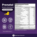 A purple and white supplement facts label for ProCare Health's Prenatal Bariatric Multivitamin, detailing ingredients, serving size, and certifications, with a cartoon duck graphic in the corner.