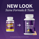 Two bottles of ProCare Health prenatal vitamins are shown side by side, with the left bottle labeled "Prenatal + Bariatric Multivitamin" and the right bottle featuring a new design, indicating a transition in packaging.