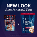 Two product packages for ProCare Health's Calcium Soft Chews are shown side by side, highlighting a new design for the Cinnamon Roll flavor, with a note about receiving either package during the transition.