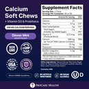 A product label for ProCare Health's Calcium Soft Chews, featuring a dinner mint flavor, lists nutritional information, including 500 mg of calcium per serving, and highlights its non-GMO and no artificial sweeteners certifications.