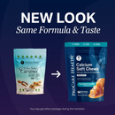 Two packages of ProCare Health calcium soft chews are displayed side by side, showing a new design for the same sea salted caramel flavor, with a note about possible package variations during the transition.