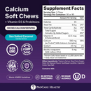 A product label for ProCare Health's Calcium Soft Chews in Sea Salted Caramel flavor, detailing nutritional information, serving size, and ingredients, emphasizing non-GMO and no artificial sweeteners.