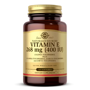 A dark amber bottle of Solgar Vitamin E, labeled "Naturally Sourced 268 mg (400 IU)," contains 100 softgels and highlights gluten, wheat, and dairy-free ingredients.