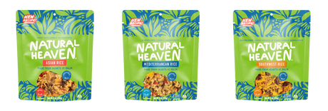 Three colorful packages of Natural Heaven rice products—Asian, Mediterranean, and Southwest—feature vibrant green backgrounds with tropical leaf designs and images of the rice inside.