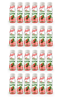 A neatly arranged display of 20 bottles of Inspire Protein Collagen shots in watermelon flavor, showcasing bright labels with watermelon images and nutritional information.