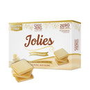 A box of ChocZero Jolies cookies with a white ganache flavor is displayed, featuring gluten-free and zero sugar added labels, alongside three stacked cookies in front.