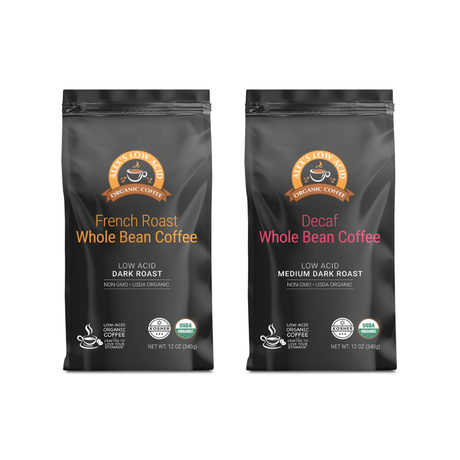 Two bags of whole bean coffee are displayed side by side; one is labeled "French Roast" in orange as a dark roast, and the other is labeled "Decaf" in pink as a medium dark roast, both marked as low acid and organic.