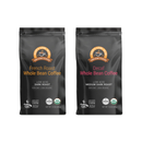 Two bags of whole bean coffee are displayed side by side; one is labeled "French Roast" in orange as a dark roast, and the other is labeled "Decaf" in pink as a medium dark roast, both marked as low acid and organic.