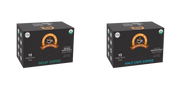 Two boxes of Alex's Low Acid Organic Coffee, one labeled "Decaf Coffee" and the other "Half Caff Coffee," each containing 12 single-serve cups, displayed against a black background.