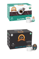 Two coffee product boxes are displayed: a green box labeled "Decaf Coffee" with a cup and coffee beans, and a black box labeled "Half Caff Coffee," both containing 12 single-serve cups.