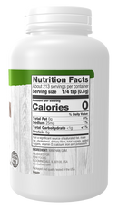A white plastic container of xanthan gum displays nutrition facts, including serving size, calories, and ingredient details, with a wooden texture background and a gluten-free label.
