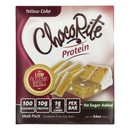 ChocoRite Protein bars are packaged in a colorful box featuring yellow cake and protein bar illustrations, highlighting low calories, protein content, and no added sugar.