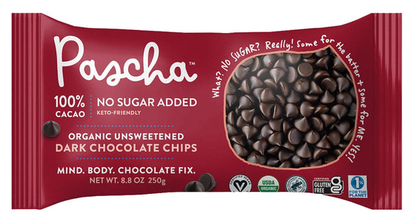 Pascha 100% Cacao Unsweetened Dark Chocolate Baking Chips 8.8 oz. 