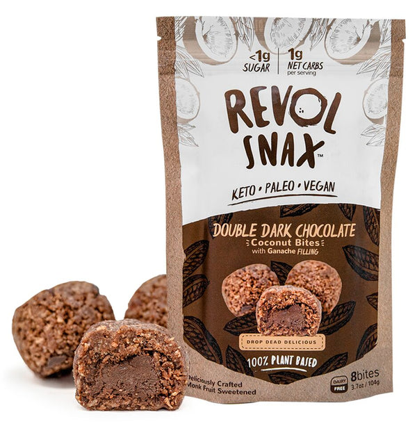 Revol Snax Coconut Bites with Ganache Filling, Double Dark Chocolate 3.7 oz 