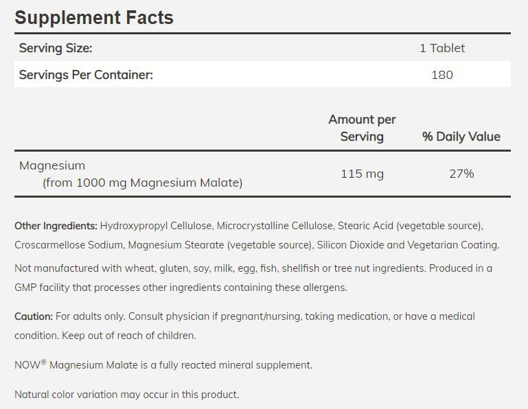 NOW Magnesium Malate 180 tablets 