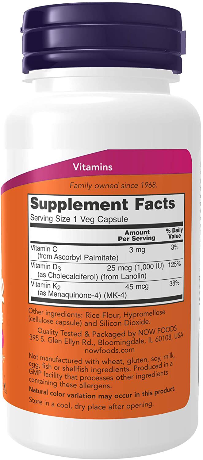 NOW Vitamin D-3 & K-2 120 veg capsules 