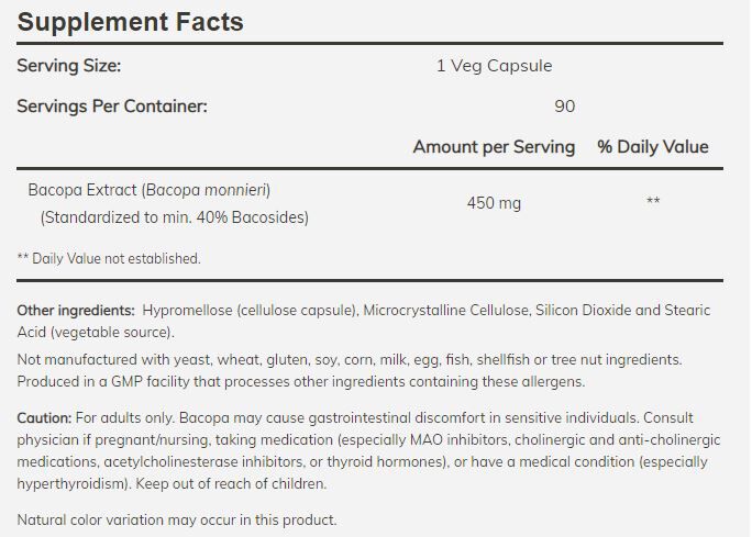 NOW Foods Bacopa Extract 450mg - 90 Veg Capsules For Brain Health & Memory Support