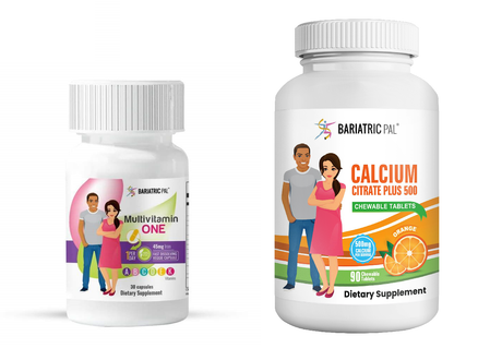 Two dietary supplement bottles are displayed side by side: a white bottle labeled "Multivitamin ONE" with illustrations of a couple, and a larger bottle labeled "Calcium Citrate Plus 500" featuring the same couple.