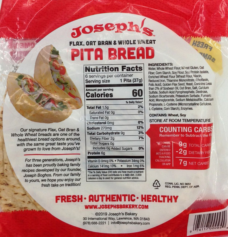 Joseph's Bakery Flax Oat Bran & Whole Wheat Pita Bread