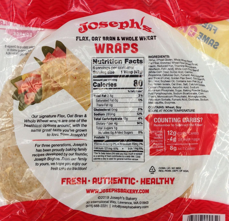 Joseph's Bakery Flax Oat Bran & Whole Wheat Wraps 6 wraps 