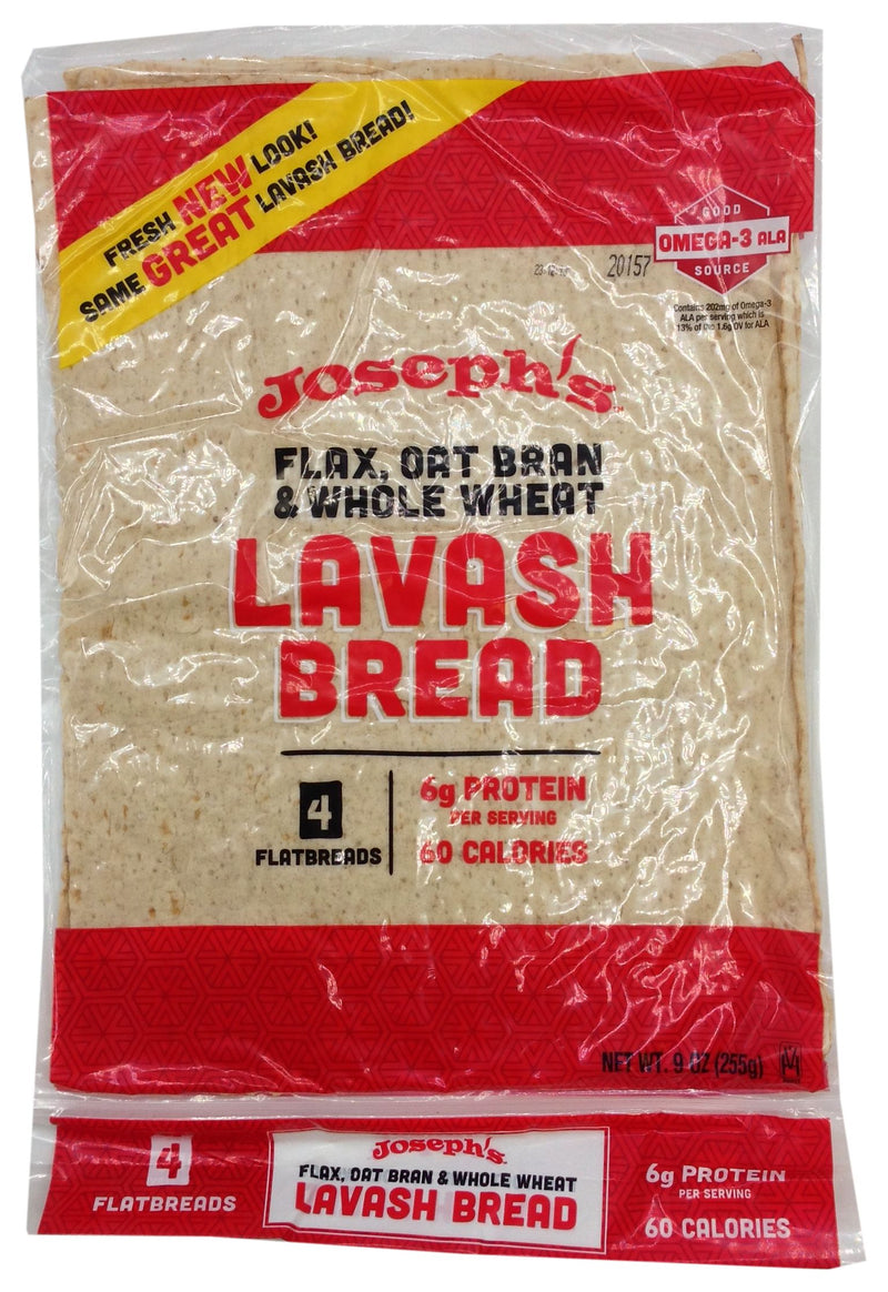 Joseph's Bakery Flax Oat Bran & Whole Wheat Lavash Bread 4 square breads 