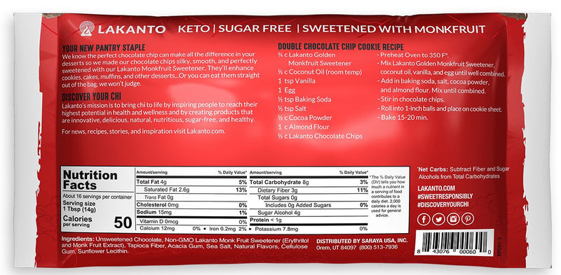 Lakanto Sugar Free Monkfruit Sweetened Chocolate Chips 8oz 