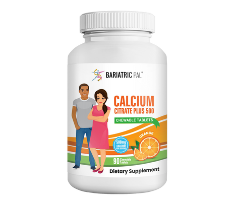 A bottle of Bariatric Pal Calcium Citrate Plus 500 dietary supplement features two cartoon characters, a man and a woman, smiling beside the label indicating orange-flavored chewable tablets with 90 servings.
