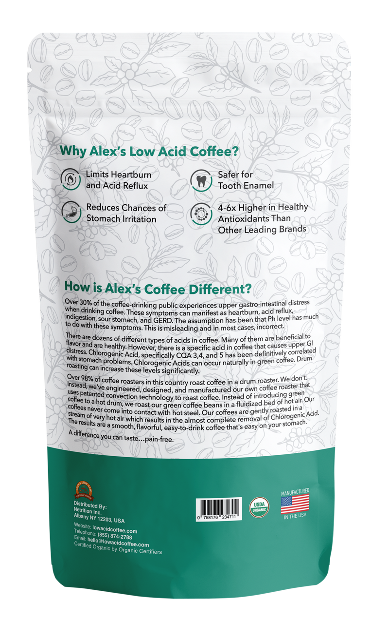Alex's Low Acid Organic Coffee™ - Decaf Fresh Ground (12oz) 