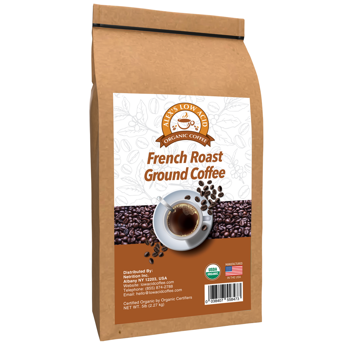 Alex's Low Acid Organic Coffee™ - French Roast Fresh Ground (5lbs