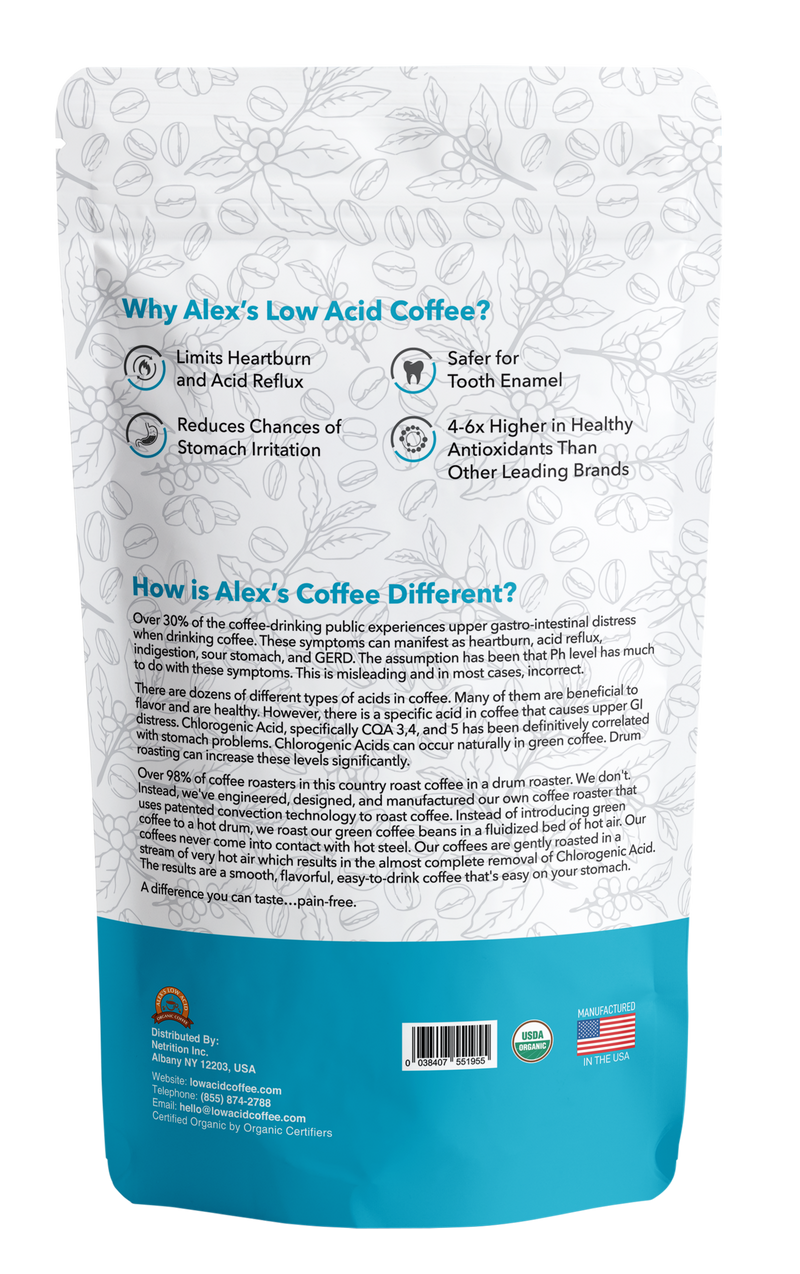 Alex's Low Acid Organic Coffee™ - Half Caff Fresh Ground (12oz) 