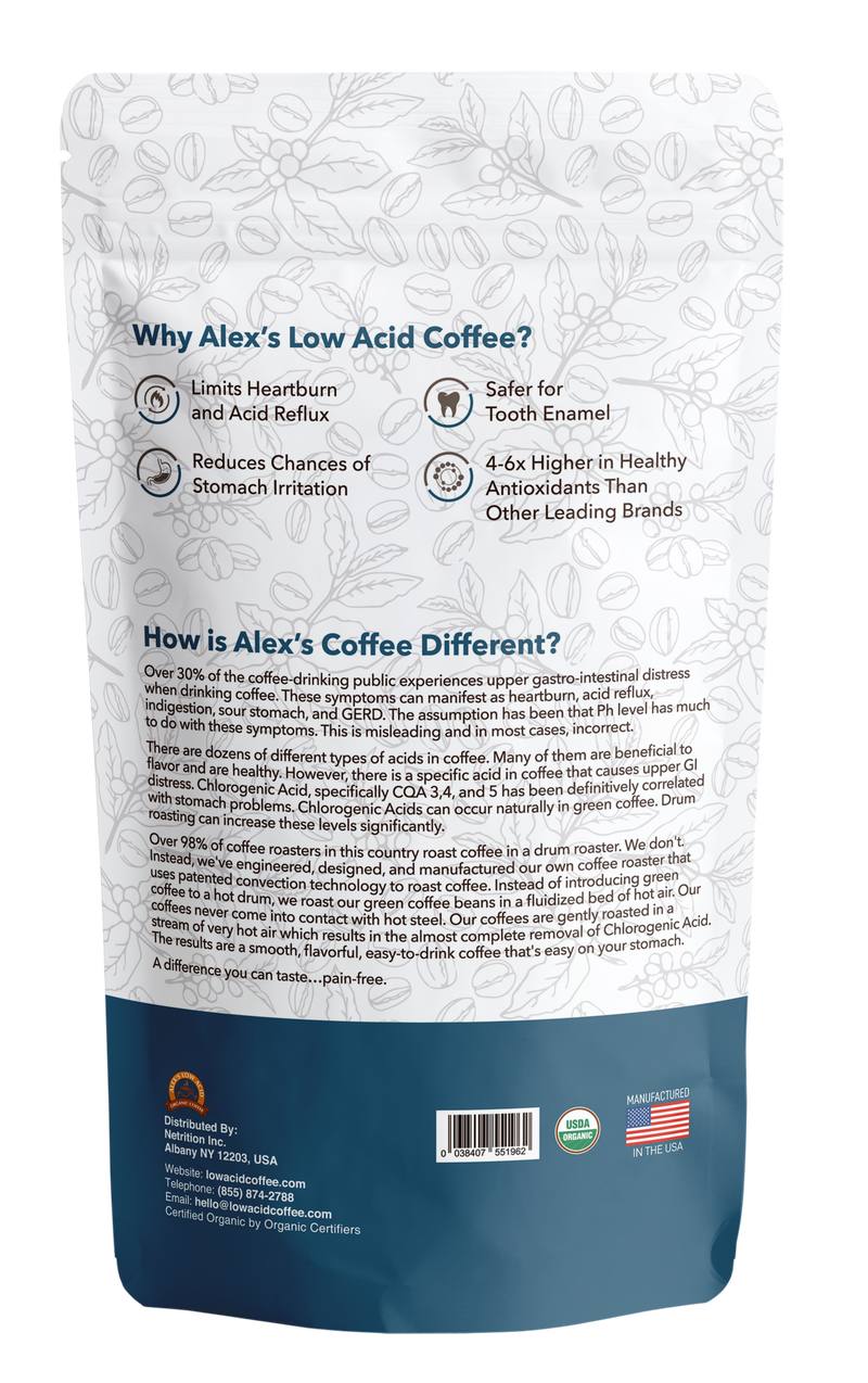 Alex's Low Acid Organic Coffee™ - Half Caff Whole Bean (12oz) 