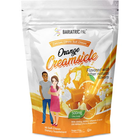 BariatricPal Orange Creamsicle Calcium Citrate Soft Chews with 500 mg calcium, vitamin D, and probiotics. Sugar-free with 90 individually wrapped soft chews.