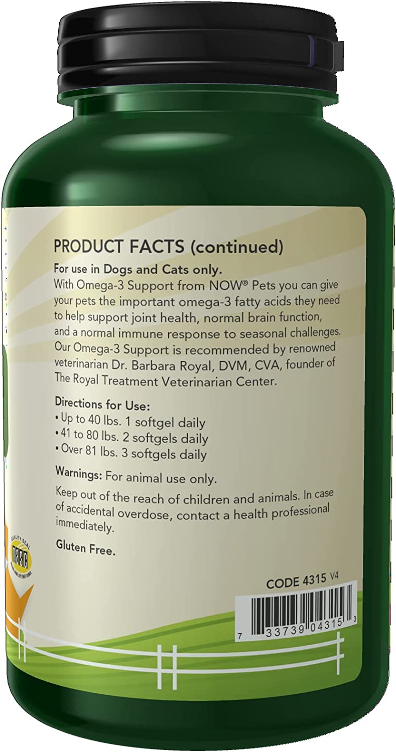 NOW Pets Omega-3 Support, For Dogs/Cats 180 softgels 