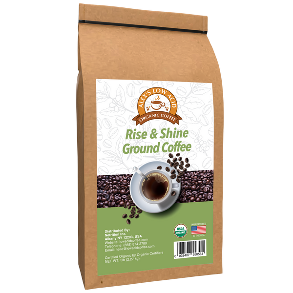 Alex's Low Acid Organic Coffee™ - Rise and Shine Fresh Ground (5lbs) 
