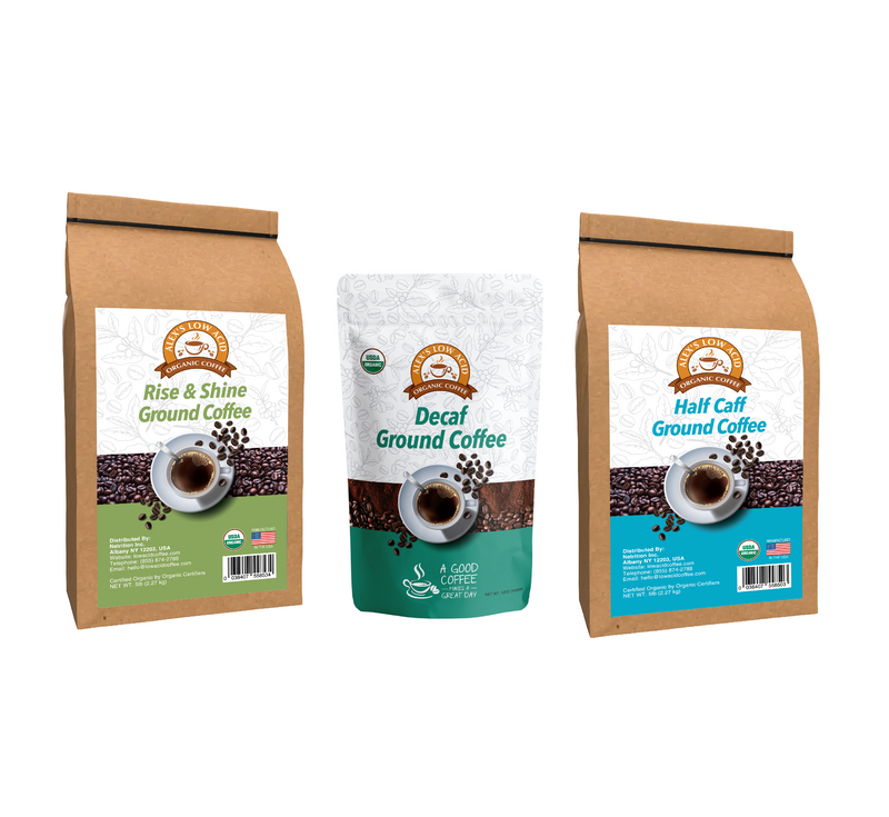 Alex's Low Acid Organic Coffee™ All Day Drinker Fresh Ground Variety Pack 