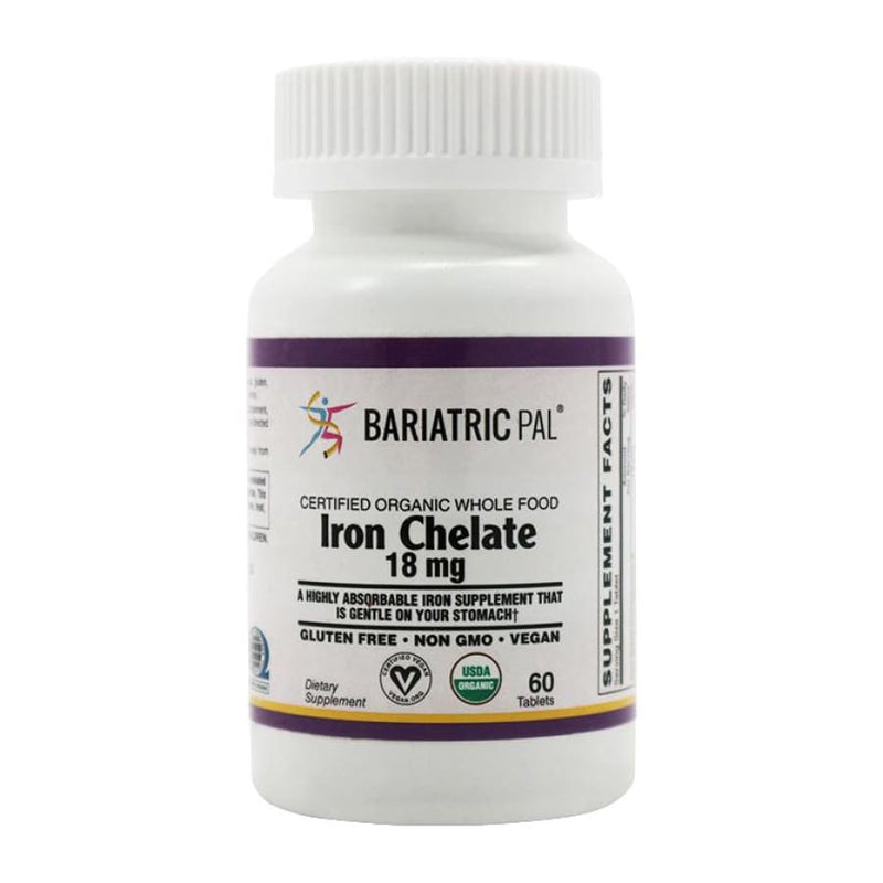 Iron Chelate (18mg) - Certified Organic & Vegan Whole Food (60 Well Absorbed & Non-Irritating Tablets) by BariatricPal 