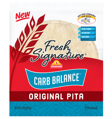 A package of Mission Carb Balance Original Pita, featuring a red and blue design with the text "Fresh Signature" and nutritional highlights, contains four pita breads and is labeled as new.