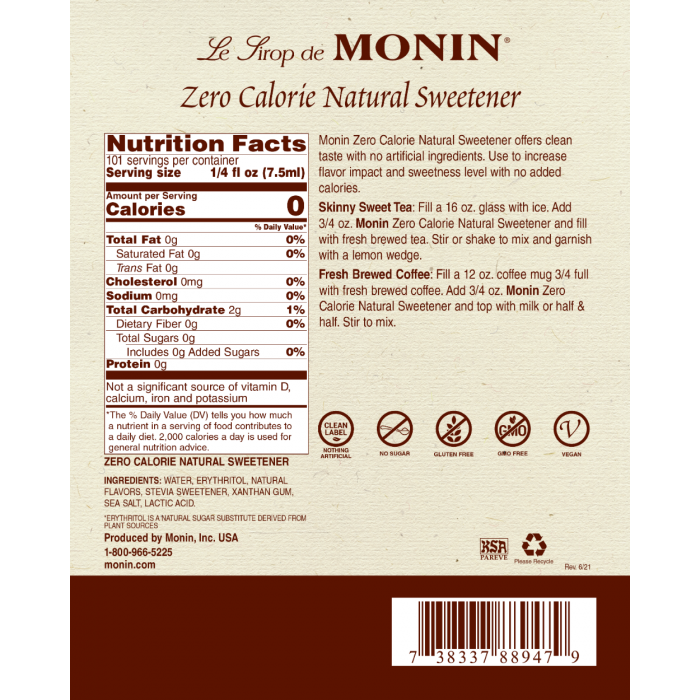 Monin Hazelnut Zero Calorie Natural Flavoring - 750 ml Bottle(s)