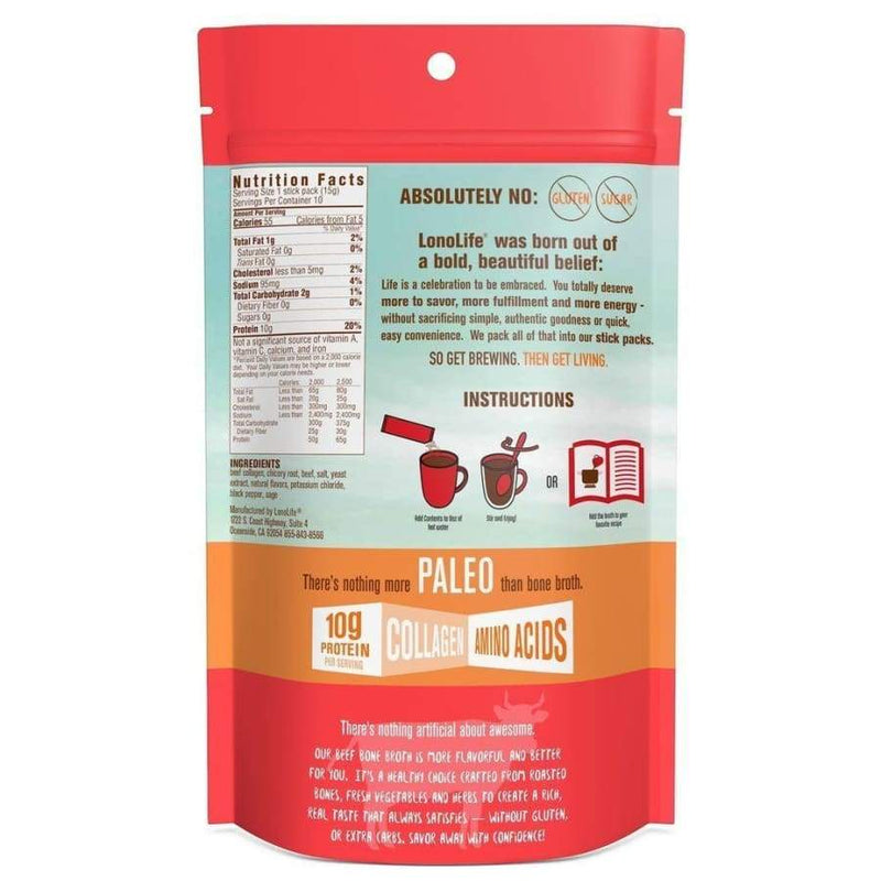 LonoLife "Low-Sodium" Grass-Fed Beef Bone Broth Powder with 10g Protein - 10 Stick Pack 